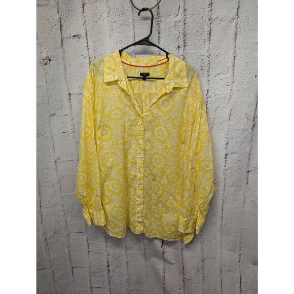 Talbots Top Womens Plus 3X Yellow Floral Roll tab Sleeve‎ Button Up Artsy Blouse - Picture 1 of 8